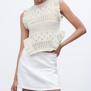 Zara Women's Crochet Cream Summer Top With FrillsSize S